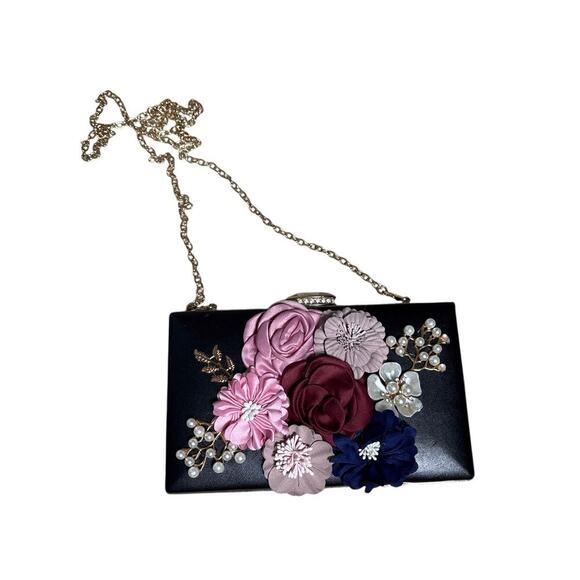 Black 3D Floral Embroidered Clutch Evening Bag